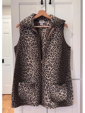 Vintage Maternity Leopard Print Cozy Fleece Vest Small Zip Up Cream Brown Black